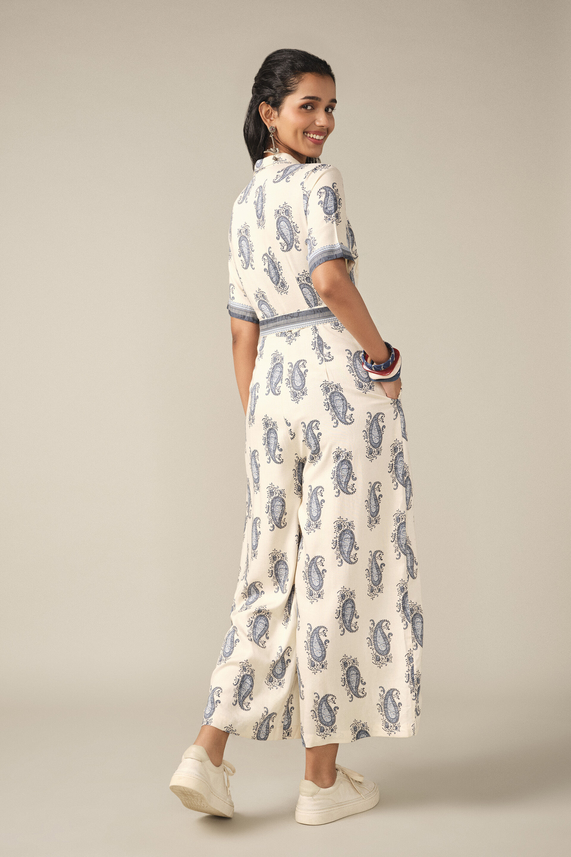 Printed Collared Jumpsuit in White, White, image 6